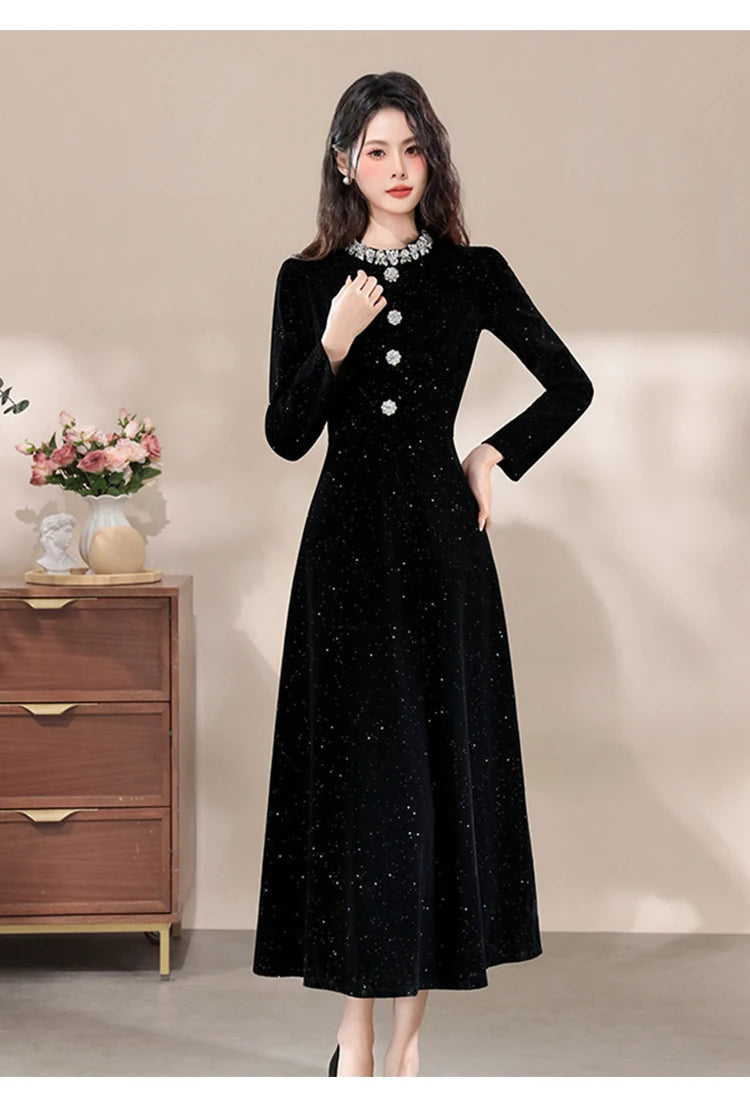 Formal Occasion Black Shiny Slim Long Evening Dress Women Clothes Elegant Luxury Lady Fashion Party Prom Birthday Vestids Retro