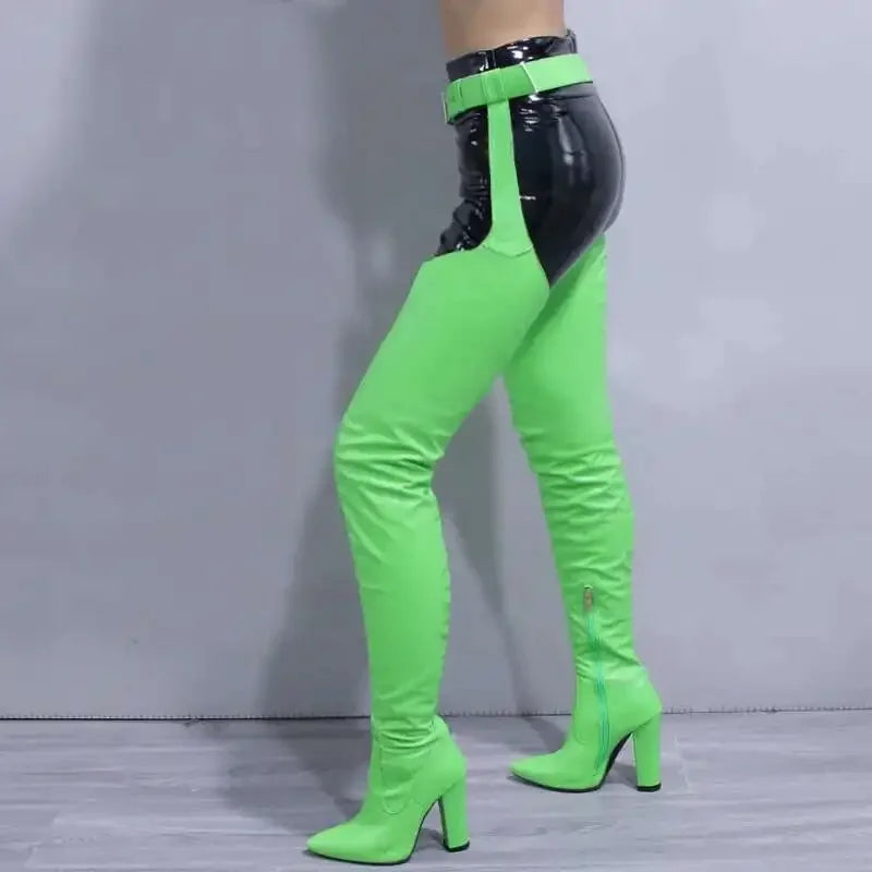 Boots Women High Heels Belt Thigh High Boots Sexy Color Big Size Side Zipper Over The Knee Boots Night Club Lady Shoes