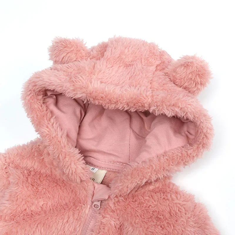 2025 Warm Footed Baby Romper Zipper Closure Fall Newborn Bear Ear Hooded Fuzzy Onesie Outfit Infant Boys Girls 100 Days Jumpsuit