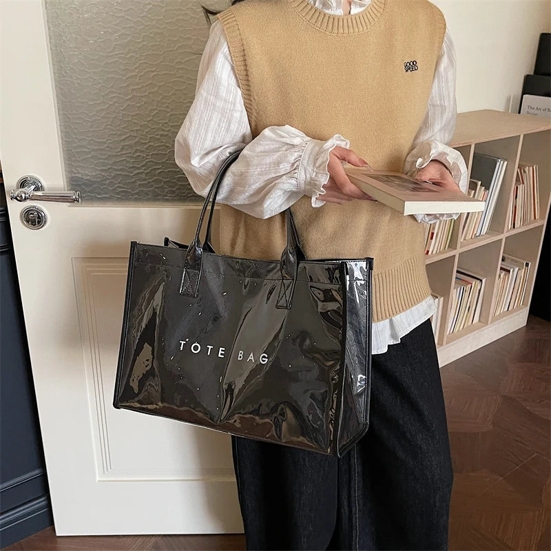 Women's Glossy Leather Tote Bag Letter Print Large Capacity Casual Commuter Shoulder Bag Fashion Daily Shopping Handbag 2026