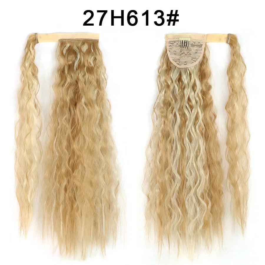 Synthetic Long Corn Wave Ponytail Extension Magic Paste Heat Resistant Wavy Wrap Around Ponytail Black Hairpiece for Women