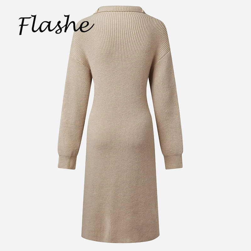 Autumn Winter Long Sleeve Knitted Dresses For Women Fashion Button Design Long Sleeve Lady Office Dress Women Elegan Party Dress