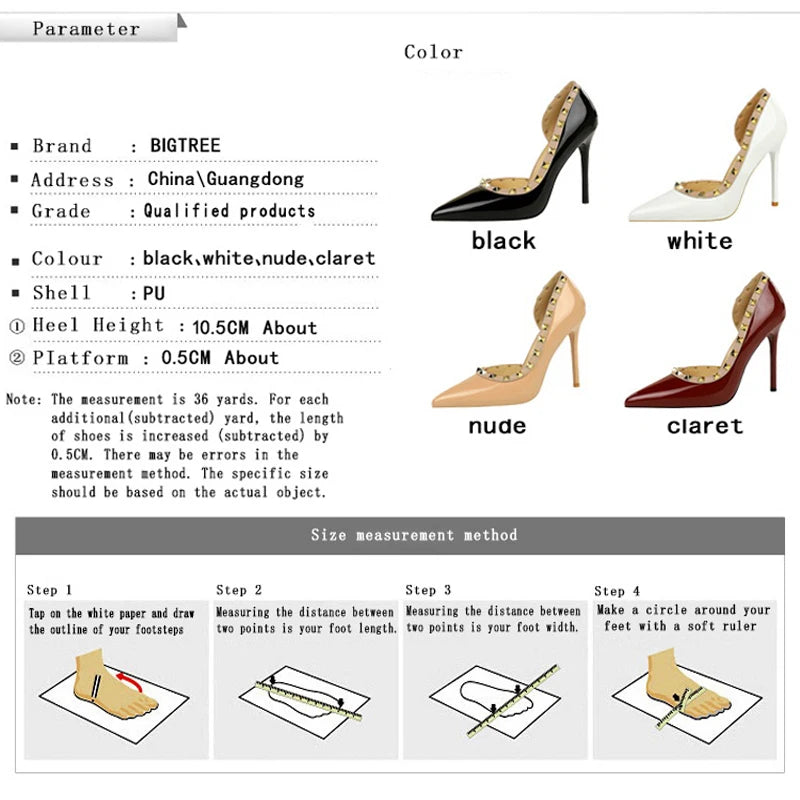 BIGTREE Shoes Rivet Design Women Pumps Patent leather High Heels 10.5 CM Stiletto Sexy party Shoes Women Heels Large size 43