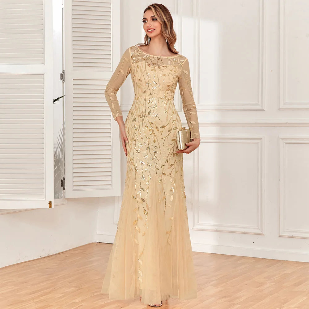 Elegant Round Neck Sequined Mermaid Long Formal Evening Dress With Long Sleeves