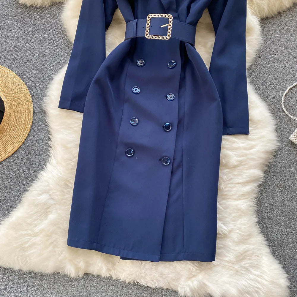 Women Elegant Office Dress Spring Autumn Long Sleeve Fashion Slim with Belt Midi Dresses Vintage Ladies Blazer Dress Vestidos