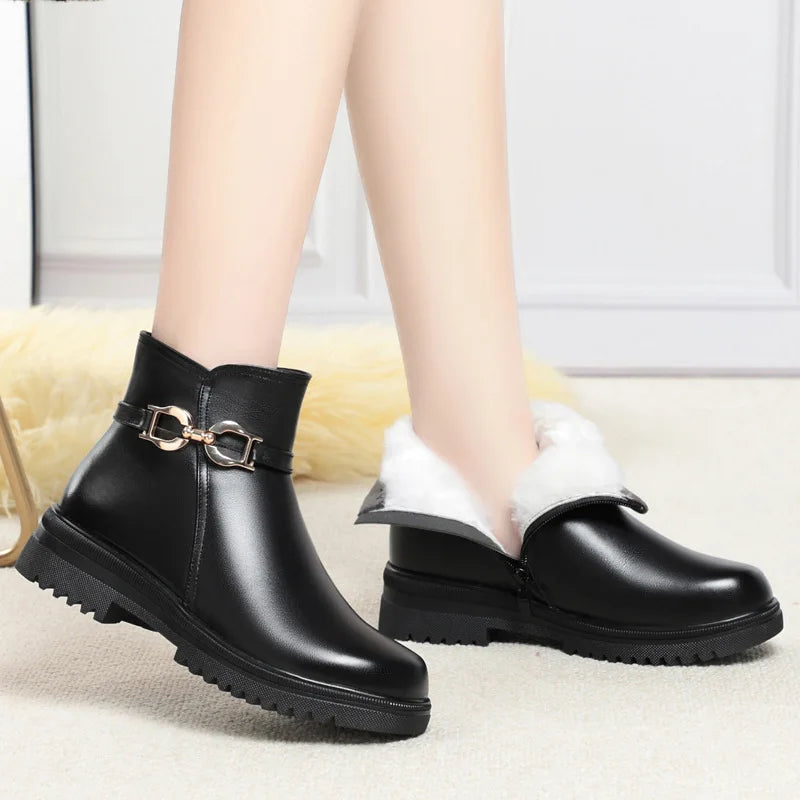 AIYUQI  Women's Winter Shoes Boots Non-slip Large Size 41 42 43 Women's Snow Boots Genuine Leather Warm Wool Mother Boots Women