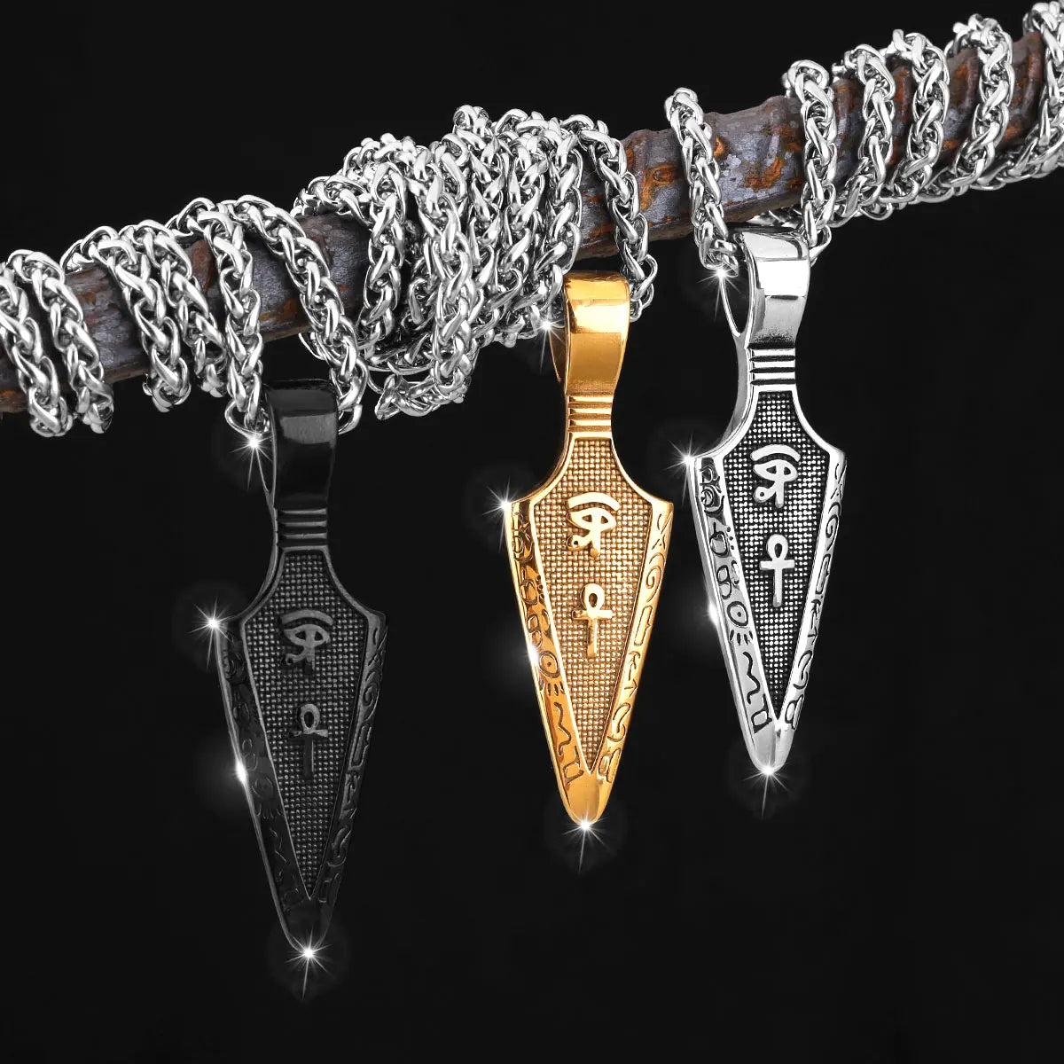 Viking Stainless Steel Gold Color Spear Pendant Necklace Scandinavian Rune Amulet Black Necklace Jewelry Men's Punk Hip Hop Gift