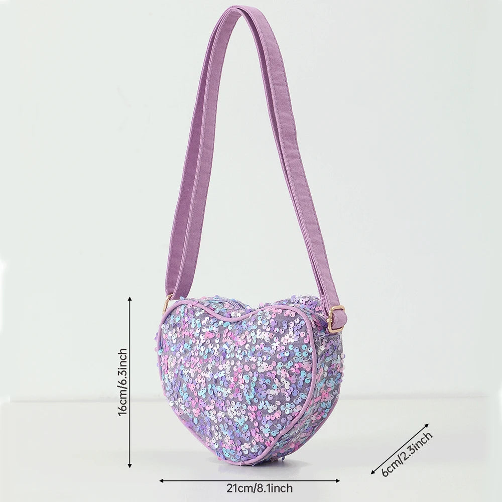 Glitter Heart Shape Crossbody Bag For Girls Purple Zipper Sequin Sling Bags For Women Outdoor Travel Mini Purse