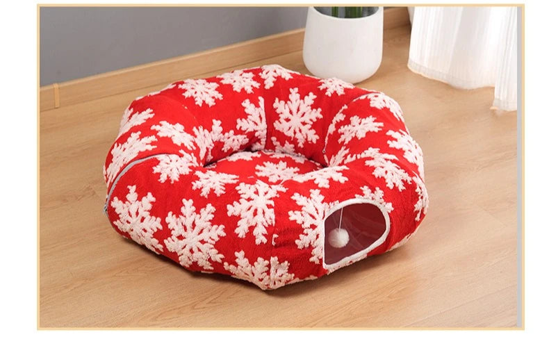 Round Donut Cat Beds Christmas House Soft Plush Pet Mat for Puppy Cushion for Cats To Hide 2 in 1 Tunnel Cats Sleeping Sofa Noel