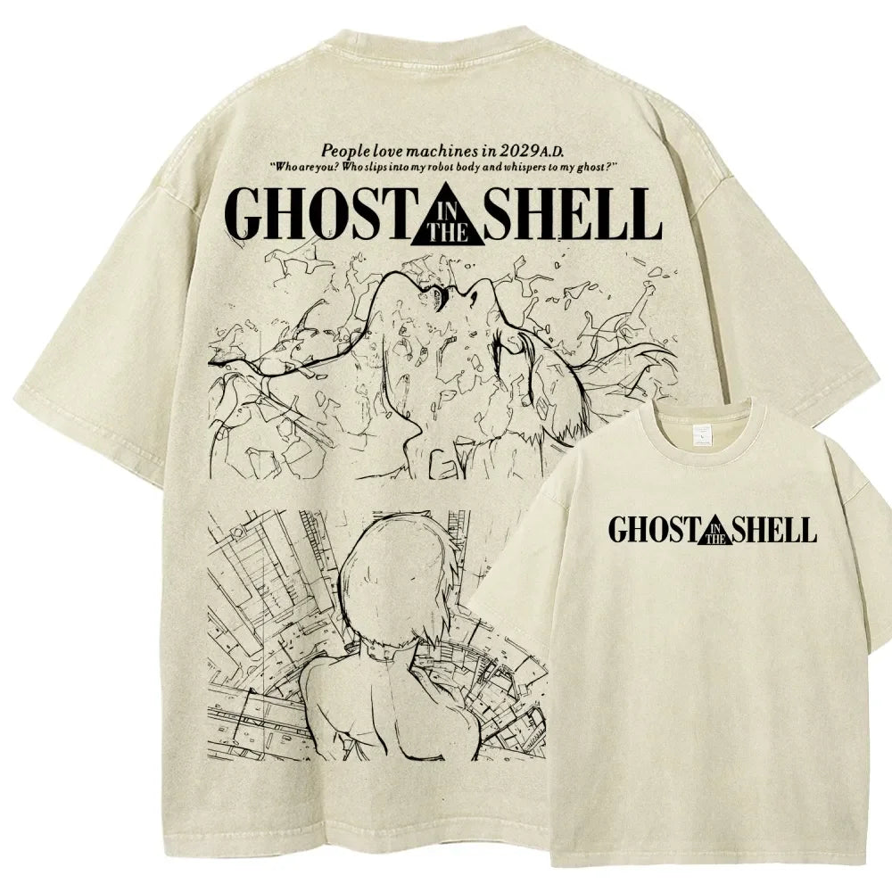 Motoko Kusanagi Ghost In The Shell Clothing Men Women Manga T-shirts Vintage Washed T Shirt Casual Cotton Tee Harajuku Tshirt
