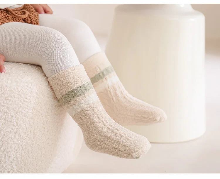 3/5 Pairs Winter Warm Baby Mid Tube Socks Soft Thickned Striped Newborn Socks Toddler Socks For Boys And Girls