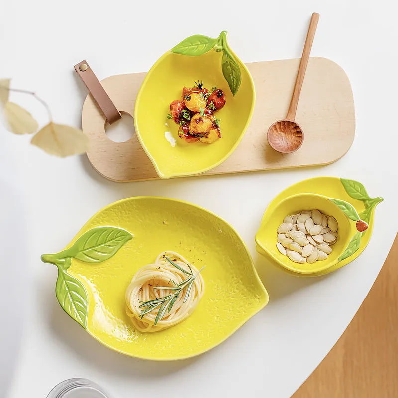 Creative Cartoon Lemon Shaped Ceramic Salad Bowl Soup Bowl Family Fruit Snack Plate Kitchen Utensils Accessories