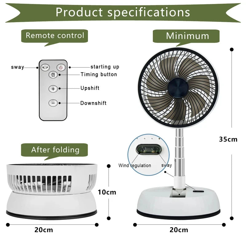 2026 Remote control retractable folding vertical fan USB outdoor camping convenient fan 180 °+90 ° shaking 8-inch desktop fan