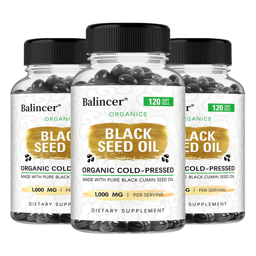Organic Black Cumin Seed Oil 1000mg Capsules, Cold-Pressed, Immune & Hair Skin Support, Nutritive Antioxidants Non-GMO Vegan