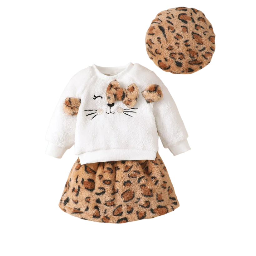 Winter 3PCS Baby Girl Clothes Sets Long Sleeved Plush Cute Top+Leopard Print Skirt+Hat Fashion Outfits for 0-3Years Toddler Girl