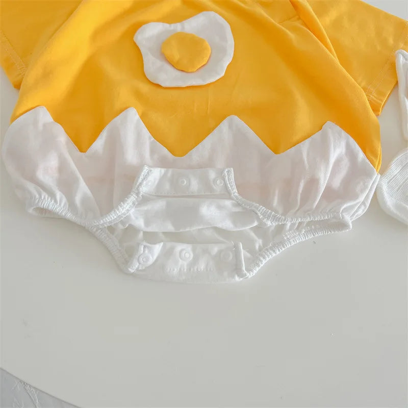 Summer Baby Newborn Romper Fried Egg with Headband Yellow Toddler Clothing Short Sleeve Infant Bodysuit Set 0-2Y Cute Jumpsuit
