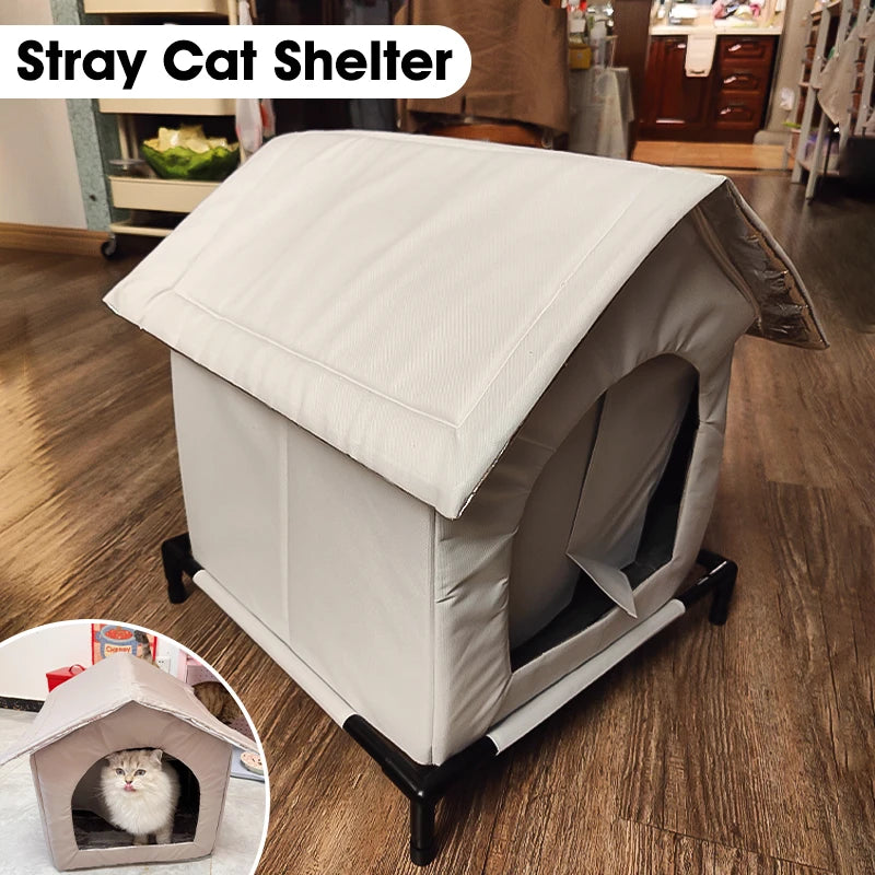 Stray Cat House Outdoor Waterproof Winter Warm Shelter Foldable Washable Enclosed Kennel for Feral Cats Small Dogs