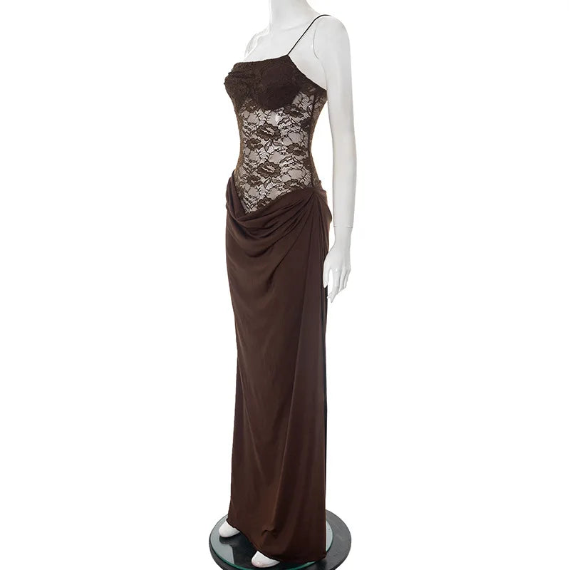 XIAOTANG One Shoulder Lace See Through Sexy Maxi Dress Women Gown Fashion Off-shoulder Sleeveless Backless Club Long Dresses