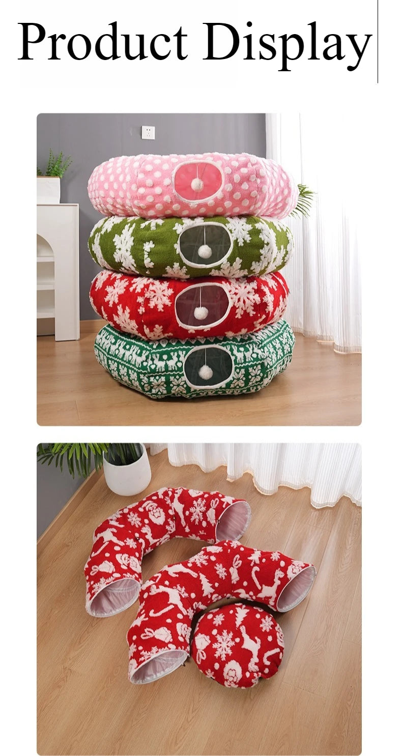 Round Donut Cat Beds Christmas House Soft Plush Pet Mat for Puppy Cushion for Cats To Hide 2 in 1 Tunnel Cats Sleeping Sofa Noel