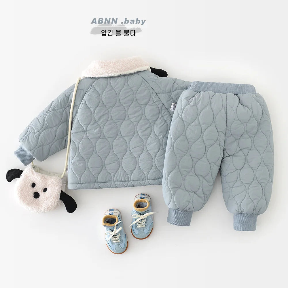 2025 Winter New Baby Warm Clothes Set Boys Girls Cute Lapel Padded Jacket + Pants 2pcs Suit Plus Velvet Thick Infant Outfits