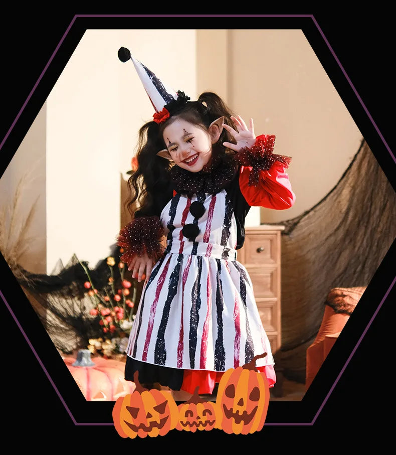 Halloween Cosplay Costumes Horror Clown Dresses Pants Headwear Clothes Sets Carnival Theme Party Role Playing Outfits for Girls
