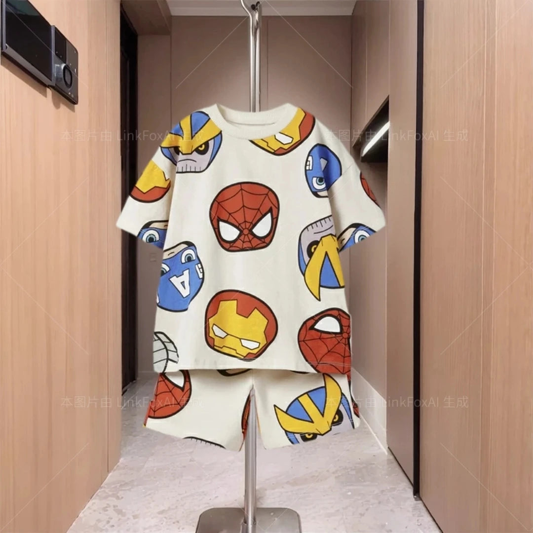 Cute Cartoon Print Design Short Sleeved Shorts Summer Men's And Women's Two-piece Set Children's Short Sleeved T-shirt Set