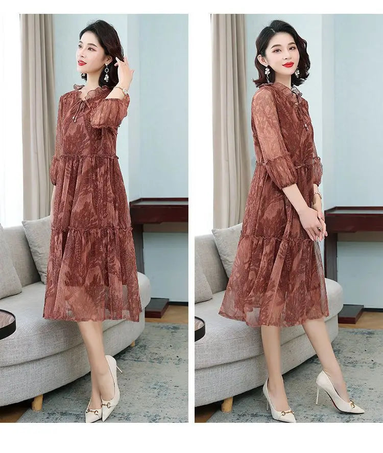 Summer New Casual Half Sleeve Midi Dress Vintage Printed Women's Clothing Ruffles Spliced Stylish Drawstring Loose Gauze Dresses