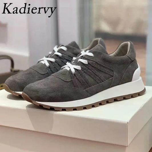 New Casual Shoes Women Suede Patchwork Round Toe Lace Up Genuine Leather Comfy Outdoor Walking Shoes Woman Sneakers Female