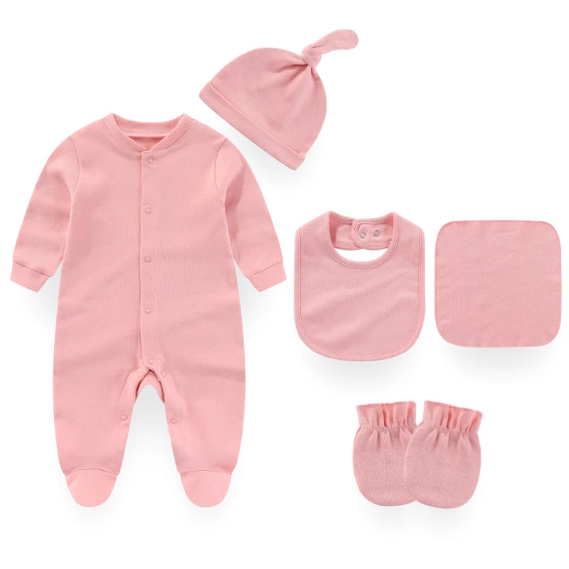 Kiddiezoom 7 Colors Solid Unisex Baby Boy Girl Romper+Burp Cloth+Bib+Hats+Gloves Baby Clothing Sets