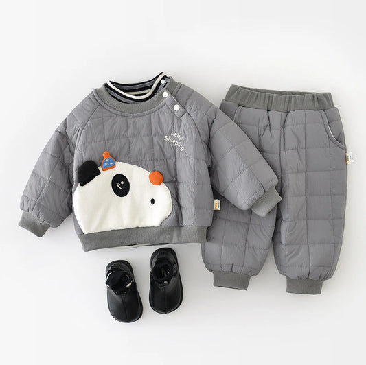 LILIGIRL Winter Baby Clothes Set 6M-3T Thicken Toddler Boys Cartoon Panda Suit Simple Loose Infant Fleece Padded Outfit 2PCS
