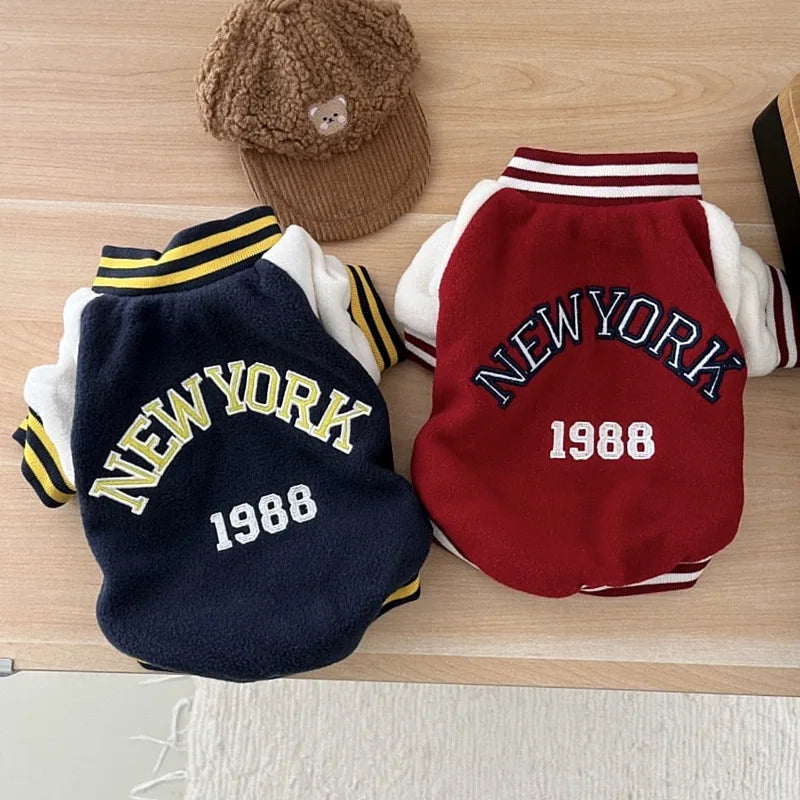 Warm Fleece Dog Baseball Jacket New York 1988 Winter Pet Coat for Small Dogs Poodle Chihuahua Yorkie Fashion Puppy Sweatshir