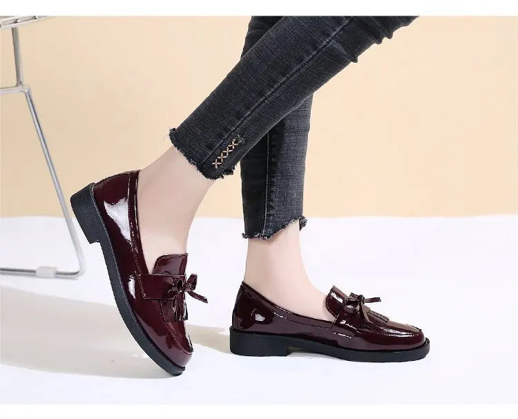 Black Patent Leather Women's Loafers Platform Slip on Shoes for Women 2025 New Spring British Tassel Casual Flats Shoes Woman