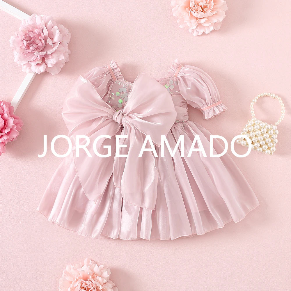 New Summer Sister Girl Matching Romper Dress Short Sling Sleeves Big Bow Bodysuit Sequined Princess Dresses Twins Clothing H1518