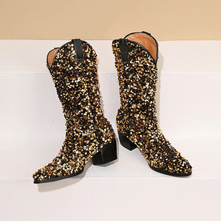 Women Sexy Western Boots Bling Bling Trends Party Chunk Heels Lady Shoes Fashion Pointed Nightclub Female Sequin Mid-Calf Boots