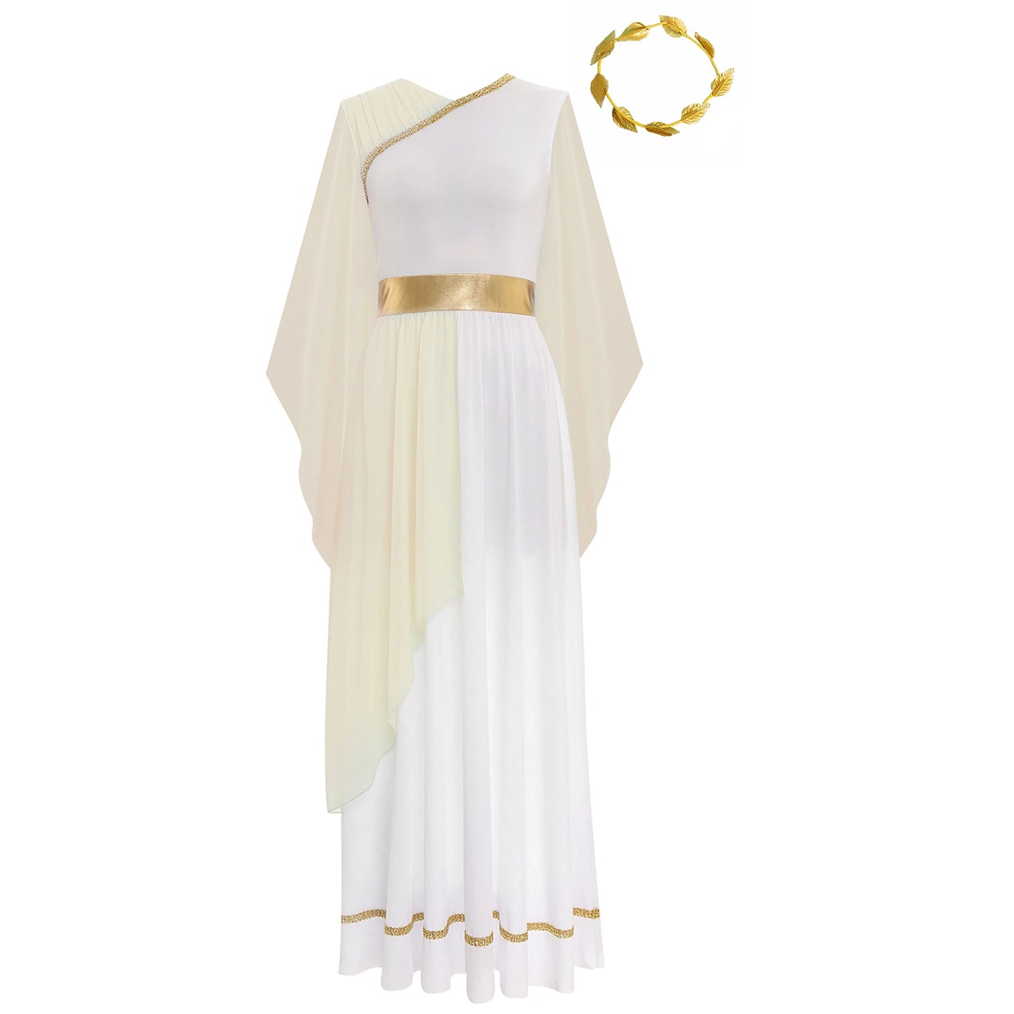 Womens Halloween Greek Beauty Carnival Cosplay Party Costumes Gold Leaves Garland Headwear And Cap Sleeve Ancient Toga Dress