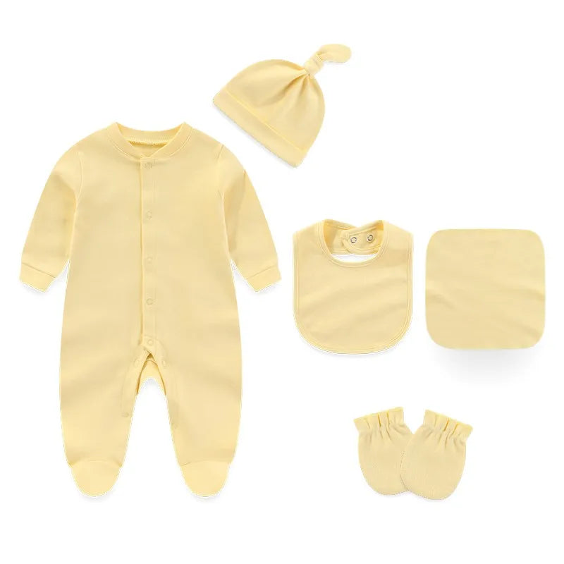 Kiddiezoom 7 Colors Solid Unisex Baby Boy Girl Romper+Burp Cloth+Bib+Hats+Gloves Baby Clothing Sets