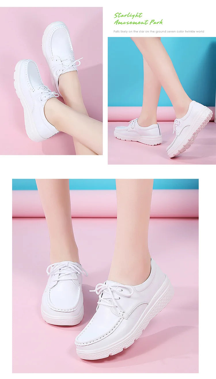Platform White Shoes Women Casual Comfortable Light Nurse Work Shoes Fashion Slip on Non-slip Loafers Women Genuine Leather Shoe