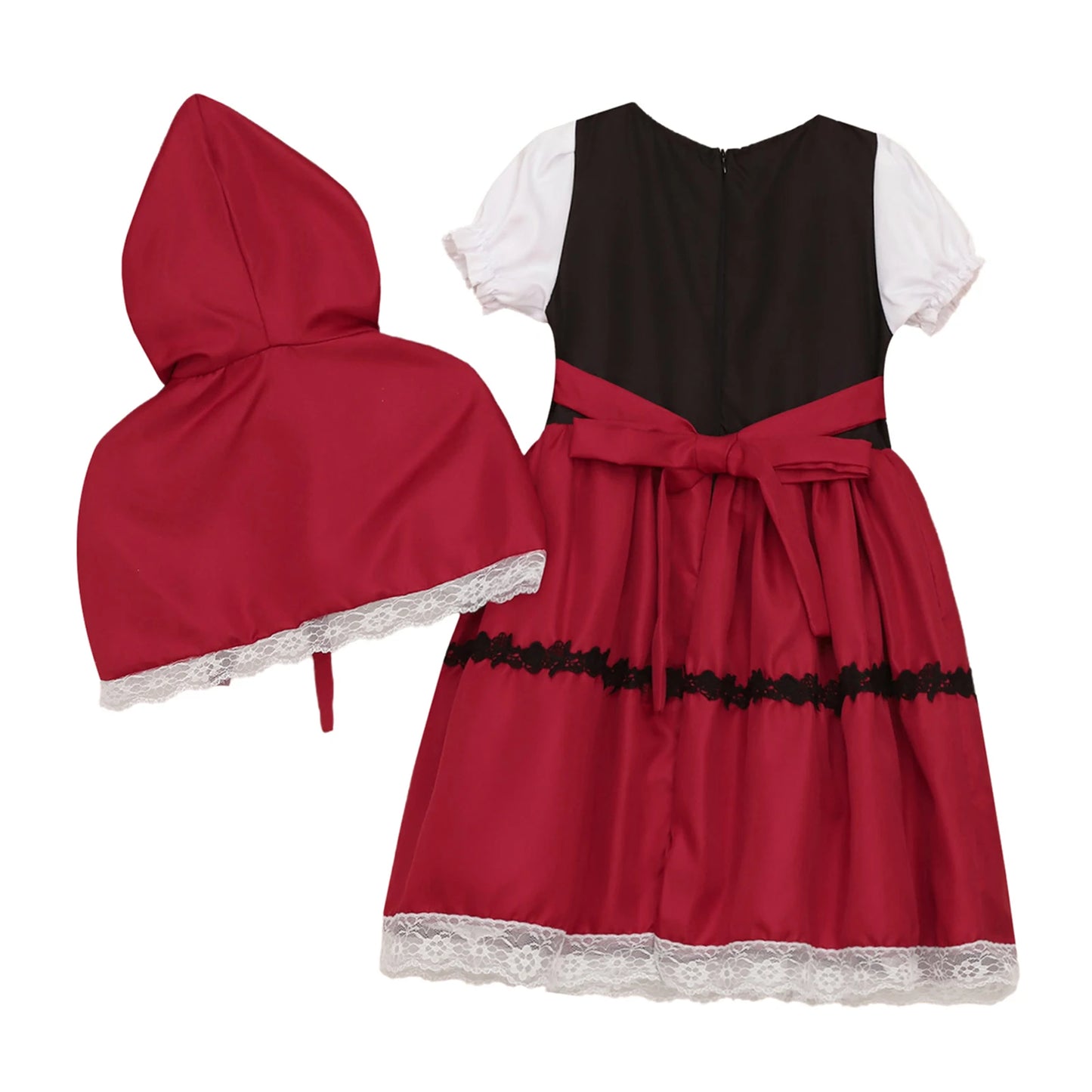 Kids Girls Halloween Cosplay Costume Puff Sleeve Lace Trim Red Hood Dress with Hooded Cape for Themed Party Roleplay Dress Up
