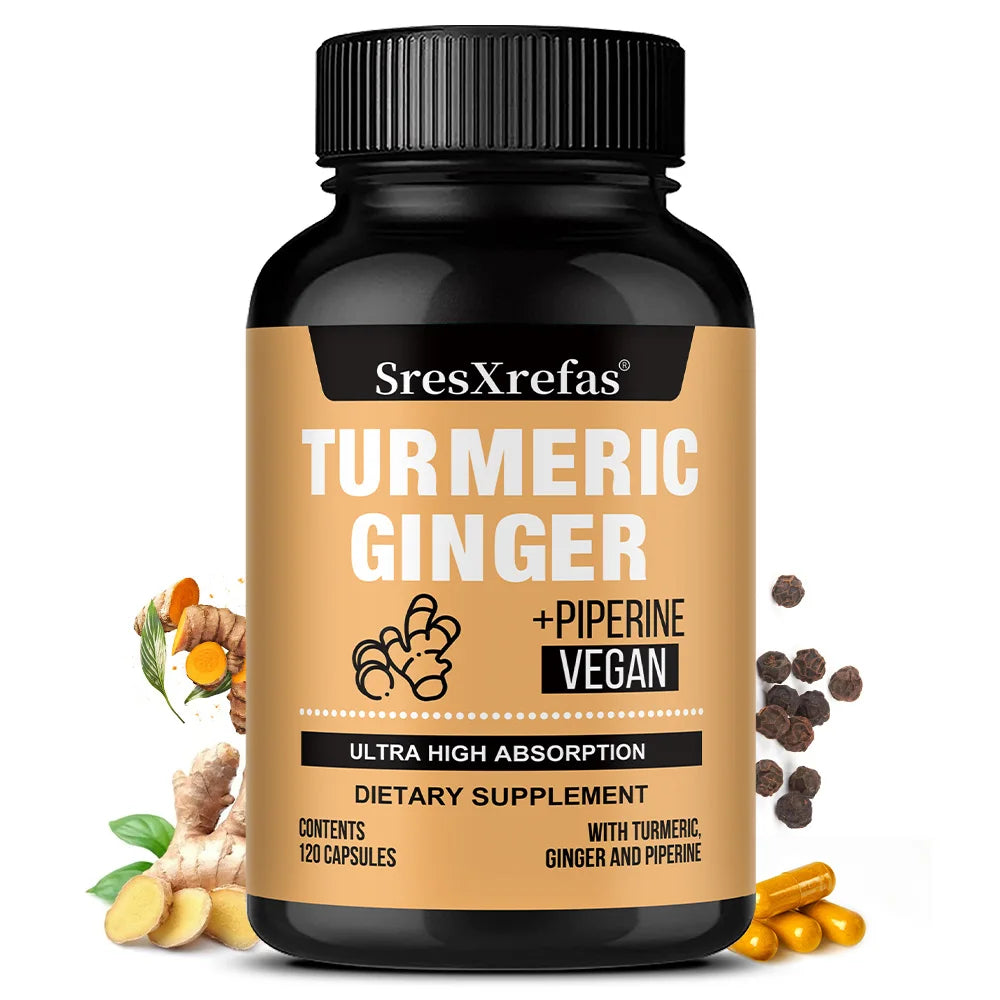 Turmeric Ginger Piperine Capsules – Curcumin 95% with Black Pepper, Gut, Joint & Immune Support, Vegan Supplement, 120 Capsules