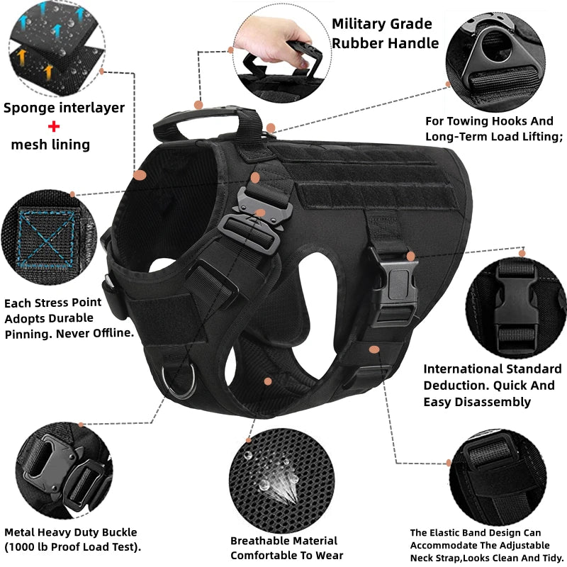 Tactical Dog Harness, Adjustable No-Pull Handle Service Vest Heavy Duty Pet Large Breed,  Dog Vest for Training Hunting Walking
