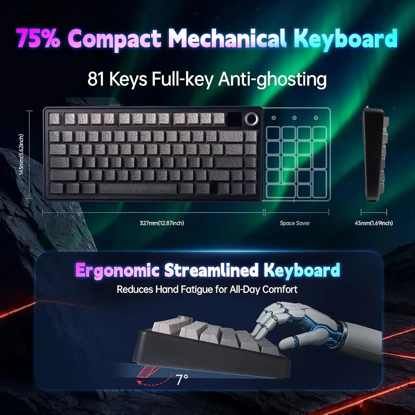 Aula F75 MAX Wireless Gaming Keyboard With Smart Digital Screen and Knob 75% Hot Swappable 3Mode RGB Backlit Mechanical Keyboard