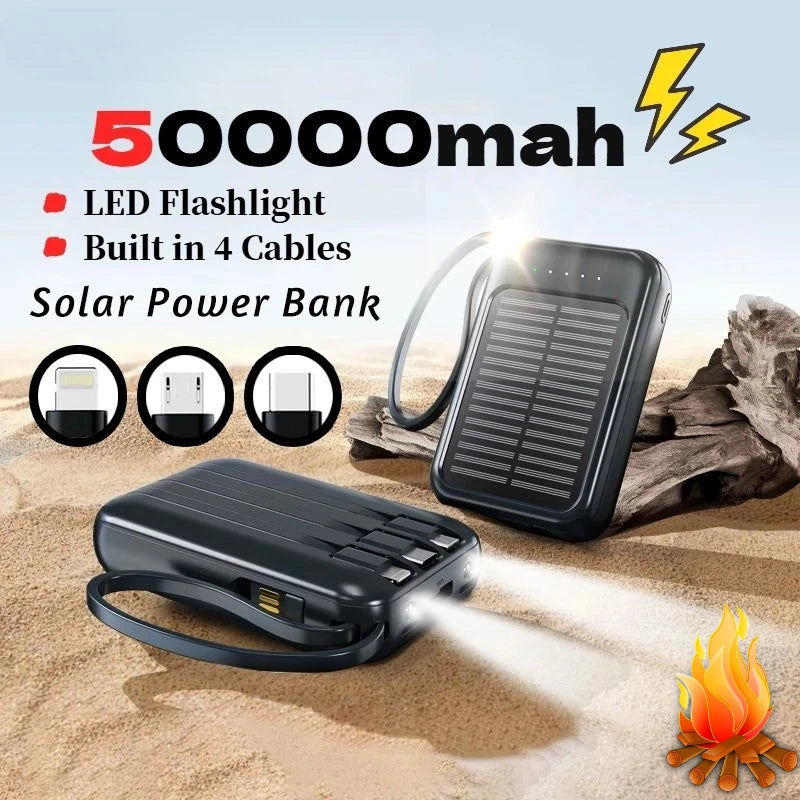 50000mAh High Capacity Solar Power Bank Built in Cable Solar Charger 2-USB Ports External Charger Power Bank LED Light 2026 New