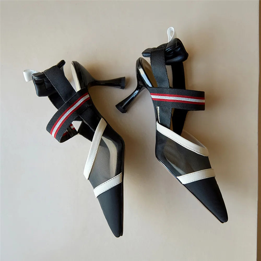 Aucegi Pointy Toe Thin High Heel Slingback Sandals Women Brand Design Elegant Genuine Leather Splicing Mesh Party Dress Shoes