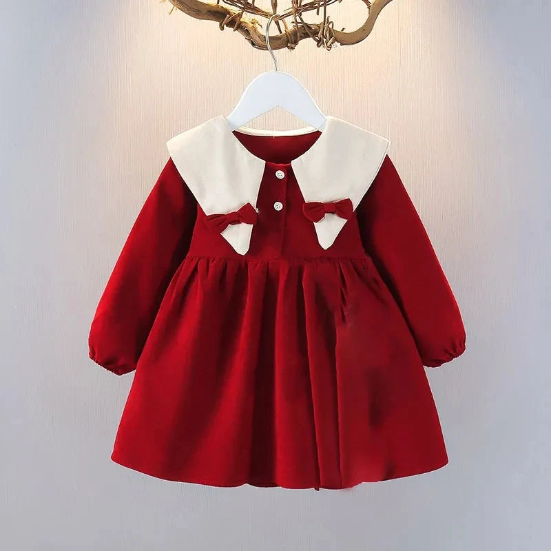 Spring and Autumn Girls' Baby Dress New Children's Fashionable Doll Neck Long Sleeve Dress Red Girls' Princess Dress