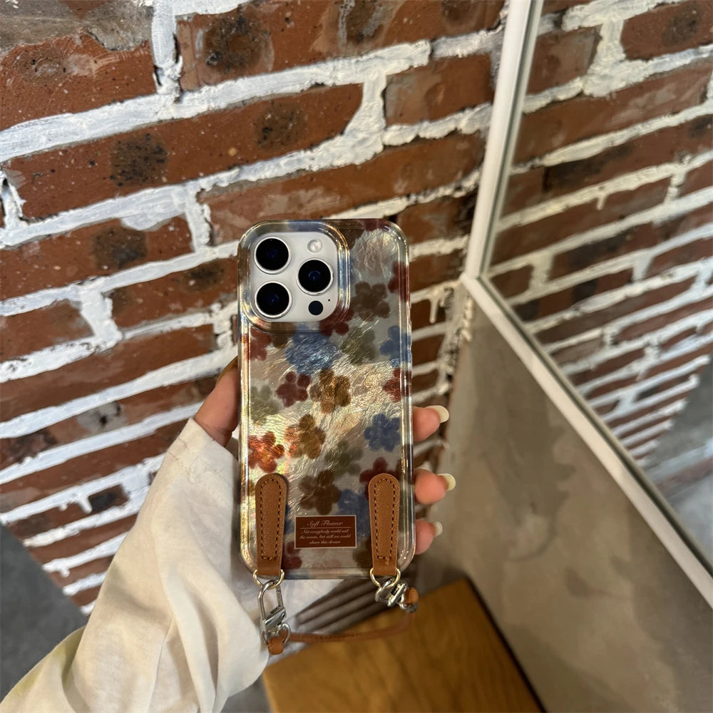 Fashion INS Flower With Leather Wrist Strap Case For iPhone 15 14 13 16 Pro Max 16 Shine Sliver Laser Korea Style Back Cover