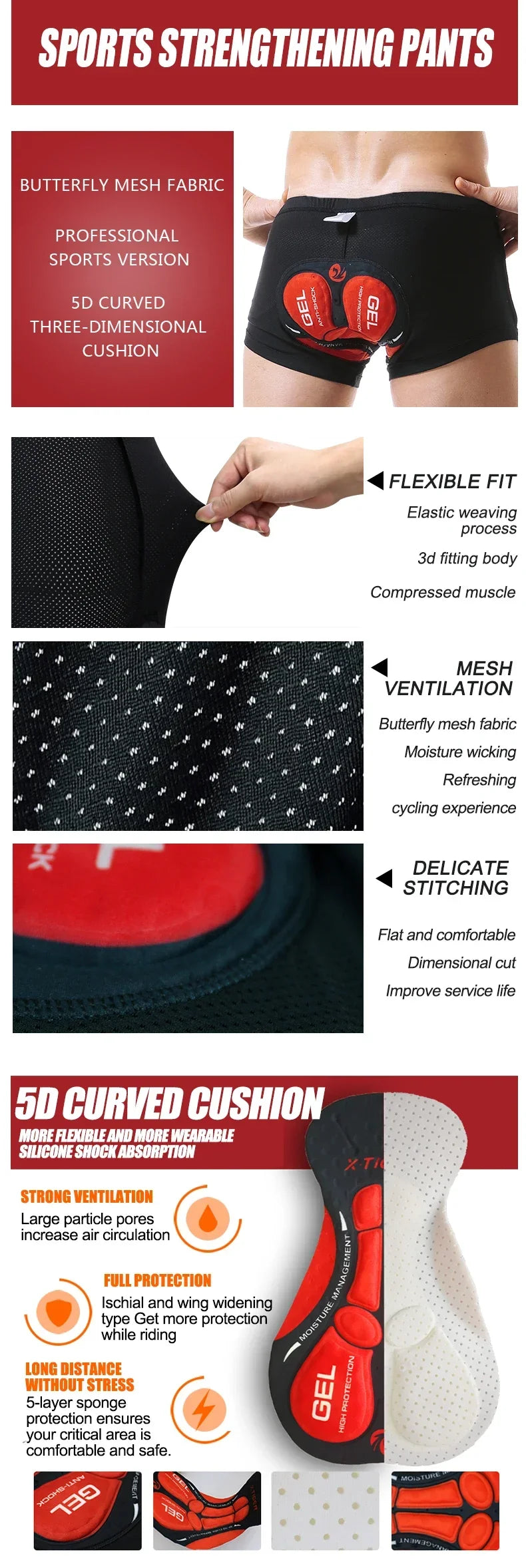 X-Tiger Cycling Shorts Breathable Mesh Shockproof Cycling Underwear 5D Pro Thickened Gel Pad Cycling Shorts