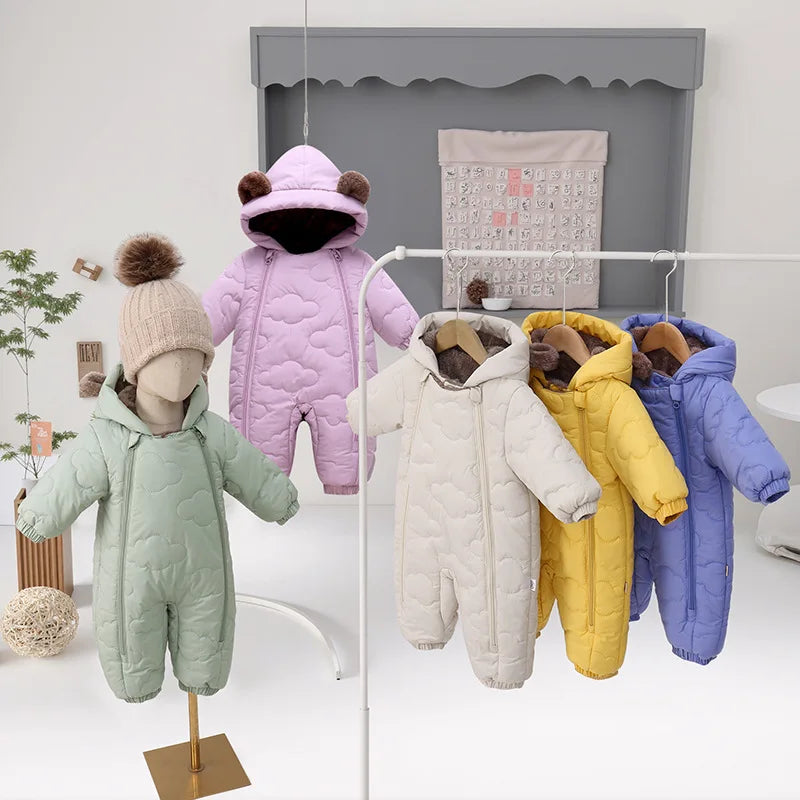 Toddler Baby Girl Boy Jumpsuit Thickened Fleece Lined Double-Layer Hooded Romper 0-2Y Cute Bear Ears Winter Warm Kids Snowsuit