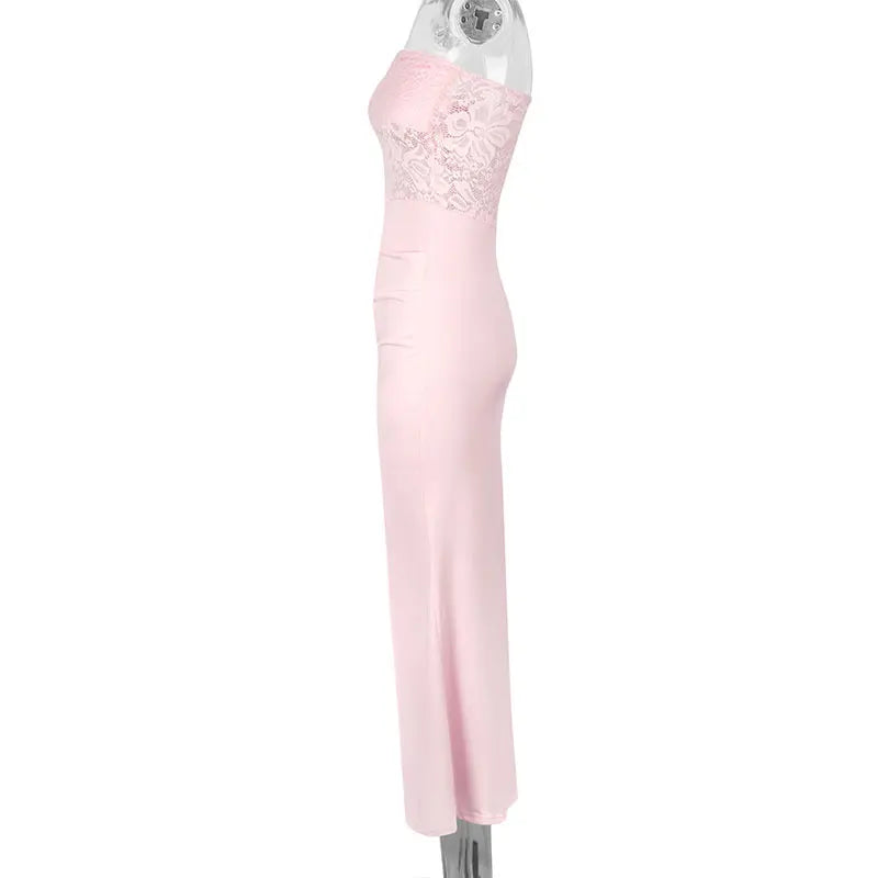 Summer New Women Maxi Dresses Pink Sexy Lace Sweet Sleeveless Backless Dress Streetwear Fashion Casual Slim Lady Dress Clothing