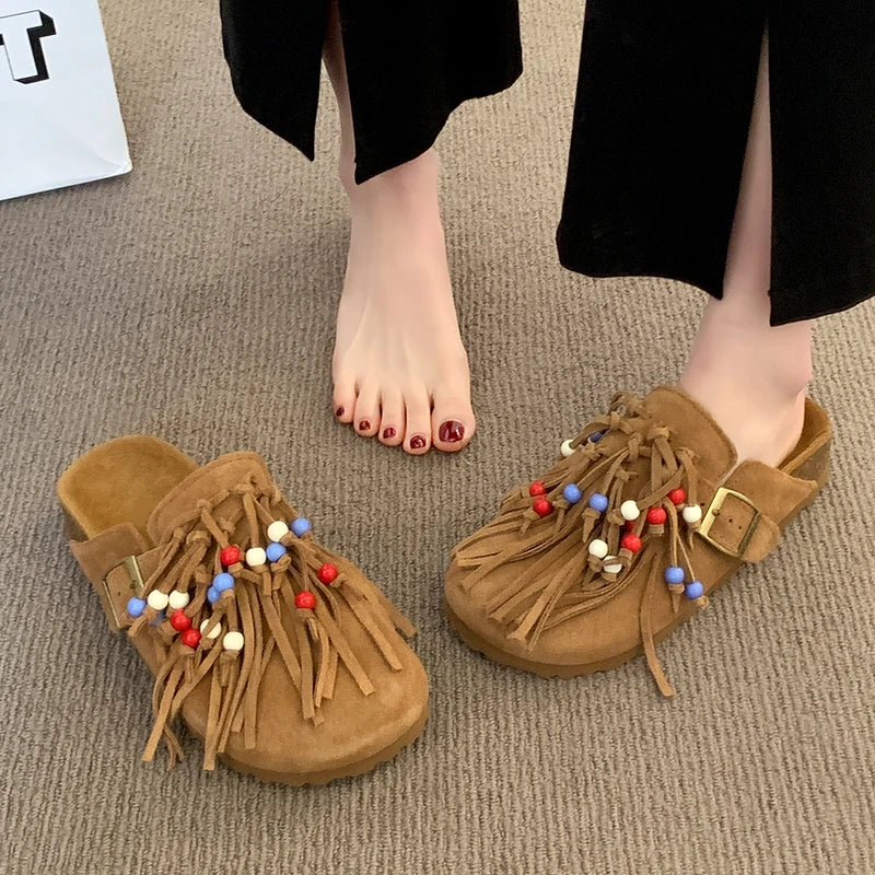 2025 Women Mules Shoes Flats Suede Women's Sandals Fringes Summer Fashion Slippers Walking Dress Cozy
