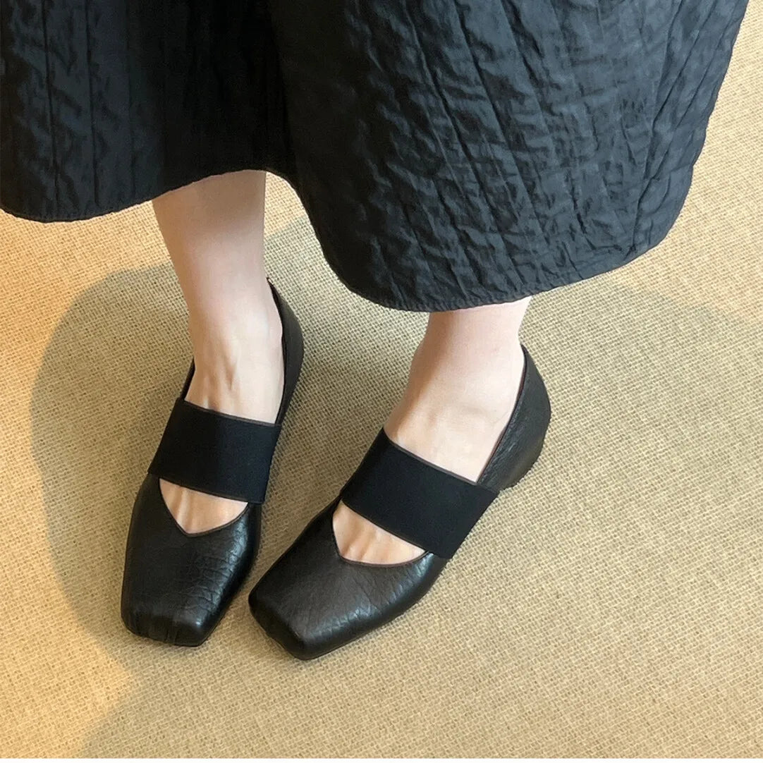 Luxury Shoes Women2026 New Leather Square Toe Elastic Band Mary Jane Women's Shallow Toe Flat Single Shoe Shoes for Women